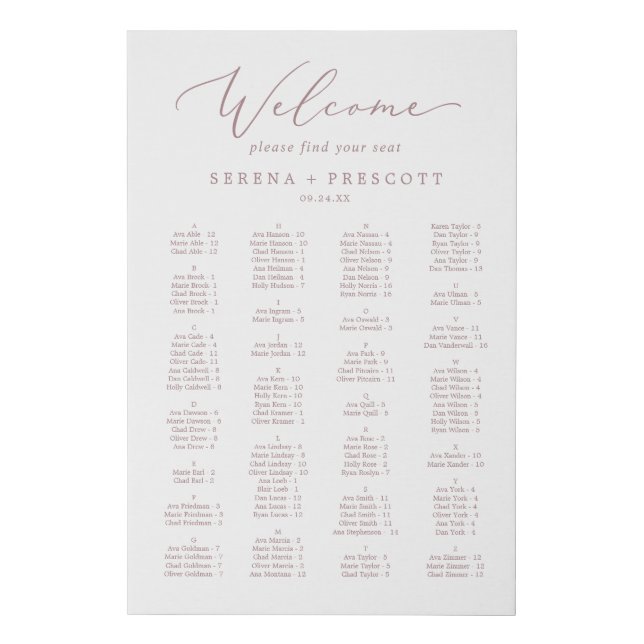 Delicate Rose Gold Alphabetical Seating Faux Canvas Print (Front)