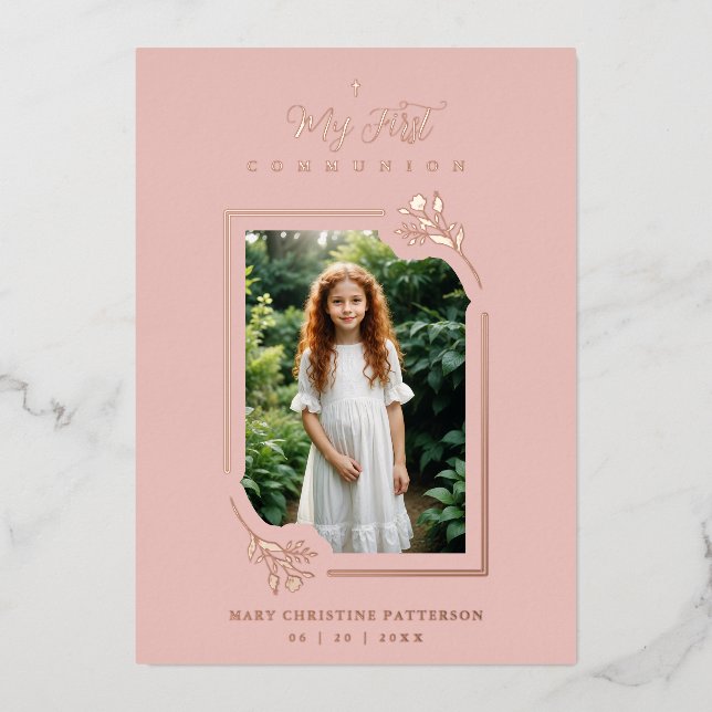 Delicate Rose Gold Botanical Frame First Communion Foil Invitation (Front)