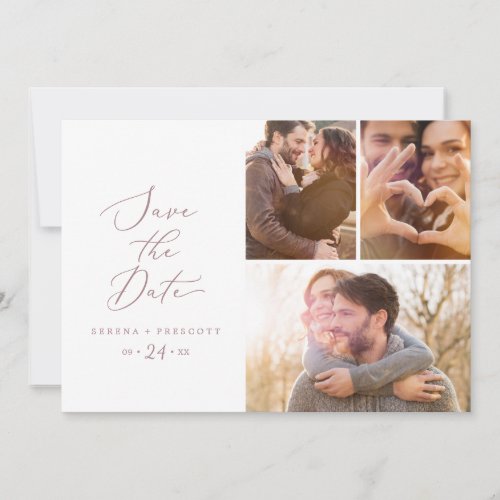 Delicate Rose Gold Calligraphy 3 Photo Collage Save The Date