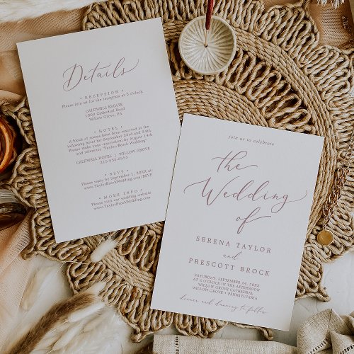 Delicate Rose Gold Calligraphy All In One Wedding Invitation