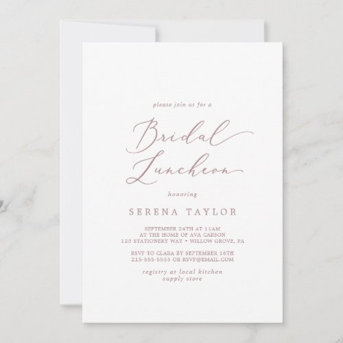 Delicate Rose Gold Calligraphy Bridal Luncheon Invitation