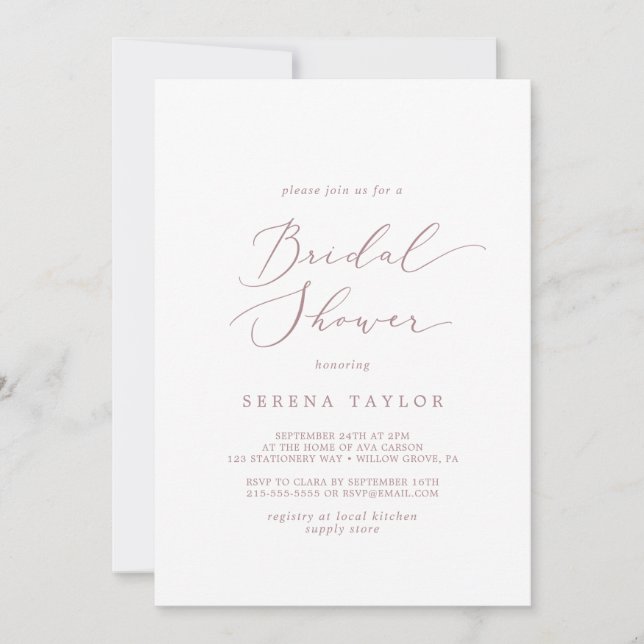 Delicate Rose Gold Calligraphy Bridal Shower Invitation (Front)