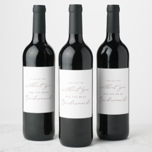 Delicate Rose Gold Calligraphy Bridesmaid Proposal Wine Label