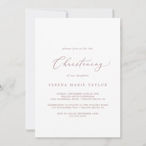 Delicate Rose Gold Calligraphy Christening Invitation