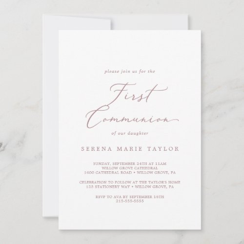 Delicate Rose Gold Calligraphy First Communion Invitation