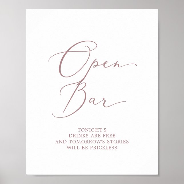 Delicate Rose Gold Calligraphy Open Bar Sign (Front)