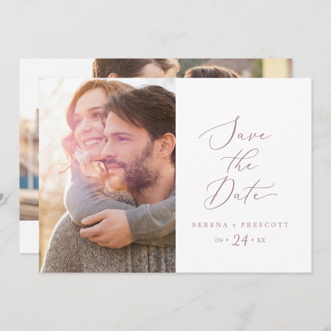 Delicate Rose Gold Calligraphy Photo Save The Date (Front/Back)