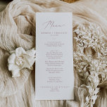 Delicate Rose Gold Calligraphy Wedding Dinner Menu<br><div class="desc">This delicate rose gold calligraphy wedding dinner menu card is perfect for a modern wedding. The romantic minimalist design features lovely and elegant dusty rose blush pink typography on a white background with a clean and simple look. This menu can be used for a wedding reception, rehearsal dinner, or any...</div>