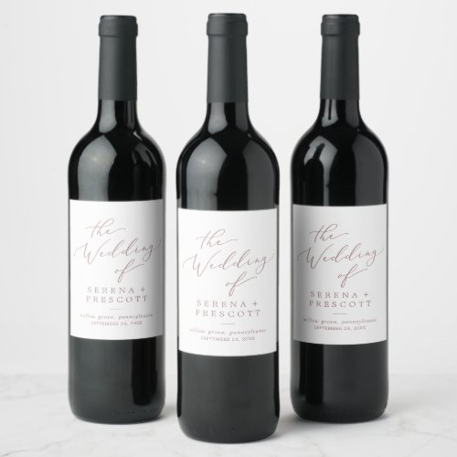 Delicate Rose Gold Calligraphy Wedding Wine Label