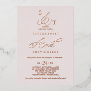 Delicate Rose Gold Foil   Blush Monogram Wedding  Invitation