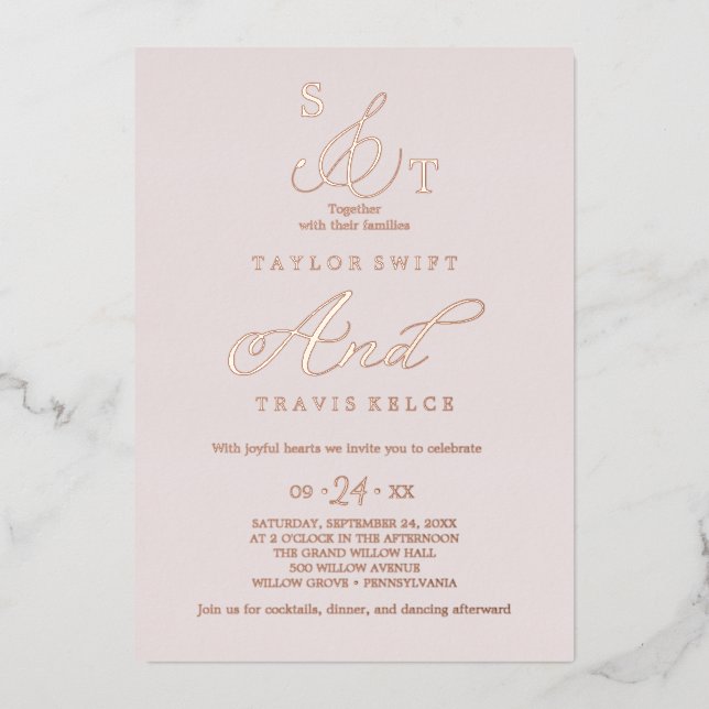 Delicate Rose Gold Foil | Blush Monogram Wedding  Invitation (Front)