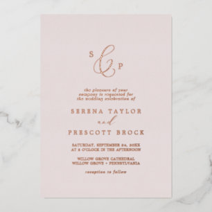 Delicate Rose Gold Foil   Blush Monogram Wedding Invitation