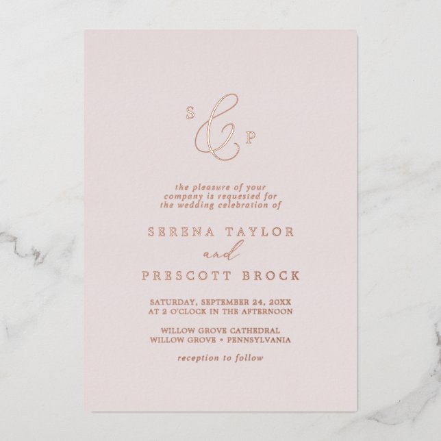 Delicate Rose Gold Foil | Blush Monogram Wedding Invitation (Front)