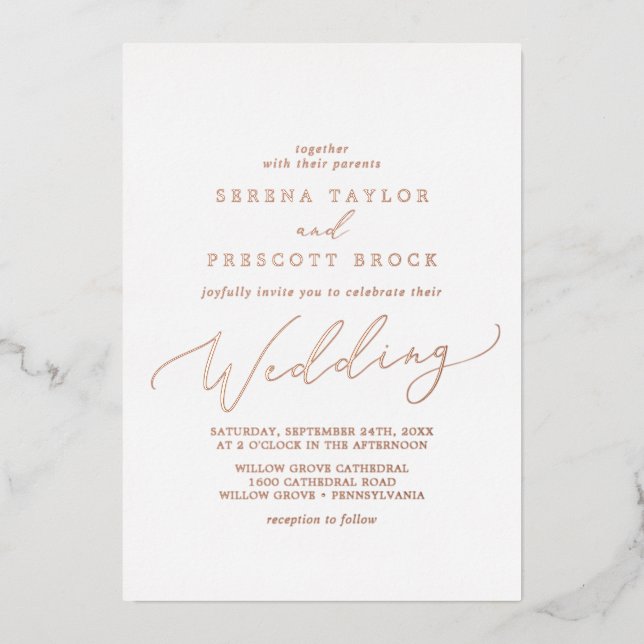 Delicate Rose Gold Foil Calligraphy Wedding Invitation (Front)