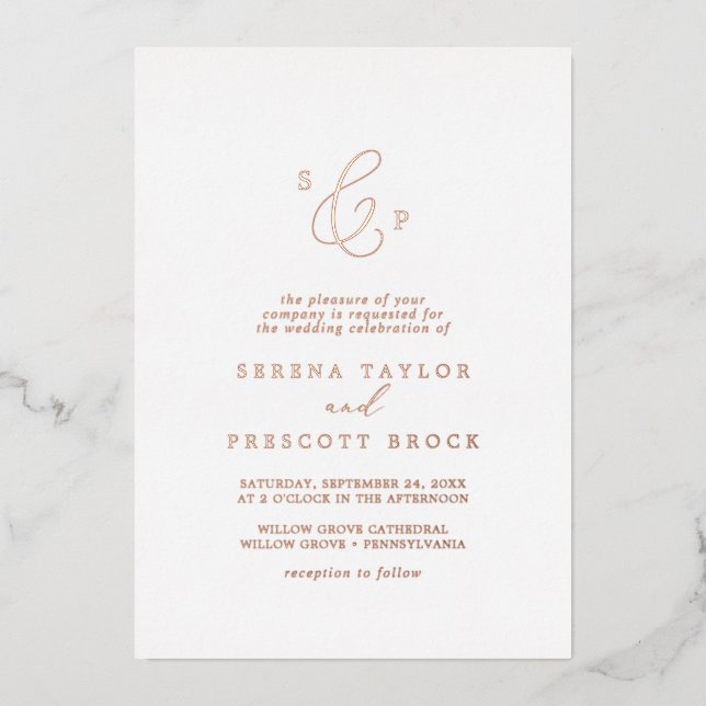 Delicate Rose Gold Foil Formal Monogram Wedding Invitation (Front)