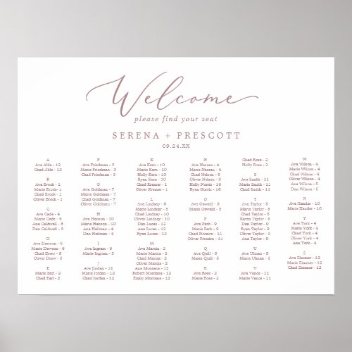 Delicate Rose Gold Horizontal Alphabetical Seating Poster