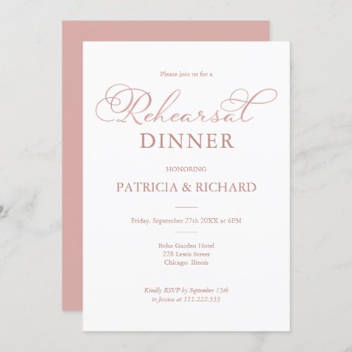 Delicate Rose Gold Script Rehearsal Dinner Invitation