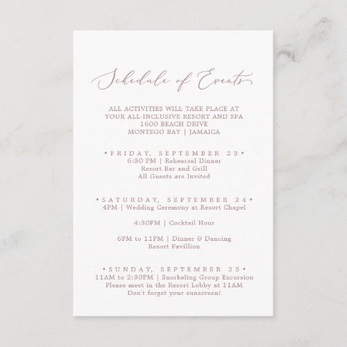 Delicate Rose Gold Weekend Schedule of Events Enclosure Card