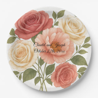 Delicate Rose Peony Personalized Wedding Paper Plates