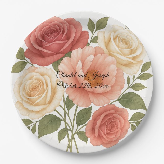Delicate Rose Peony Personalized Wedding Paper Plates (Front)