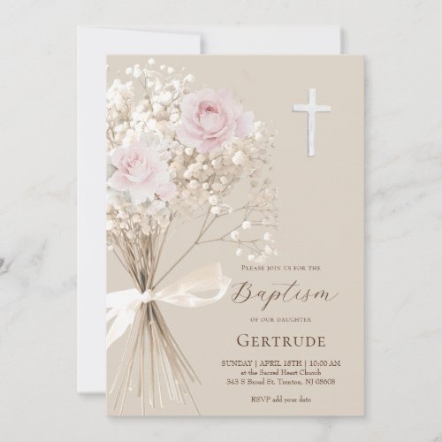 delicate roses and gypsophila bouquet Baptism Invitation