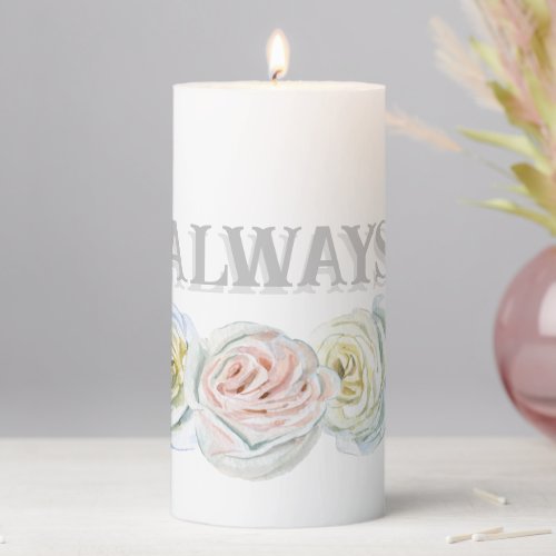 Delicate roses customizable textshadow pillar candle