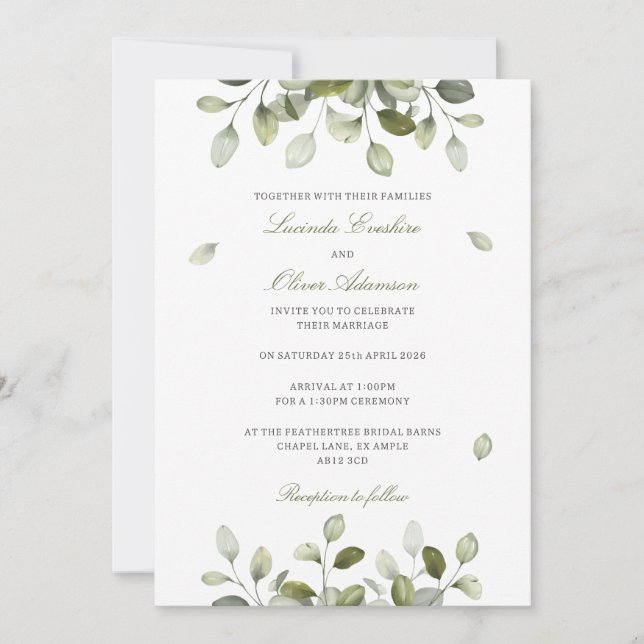 Delicate Sage Eucalyptus Wedding Invitation (Front)