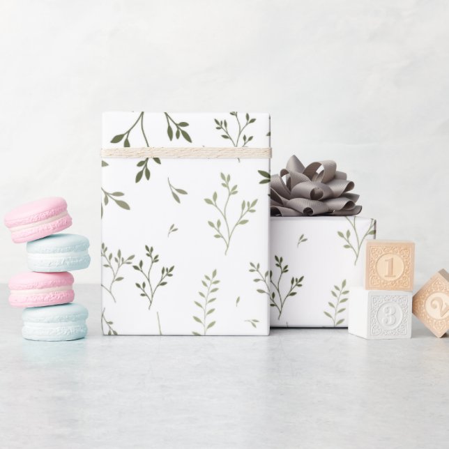 Delicate Sage Green Ditsy Botanical Pattern Wrapping Paper (Baby Shower)