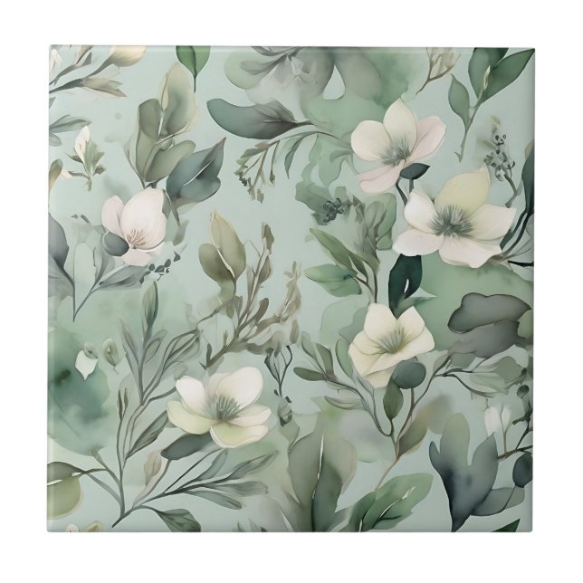 Delicate Sage Green Floral Pattern Ceramic Tile (Front)