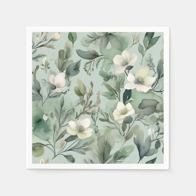 Delicate Sage Green Floral Pattern Napkins (Front)