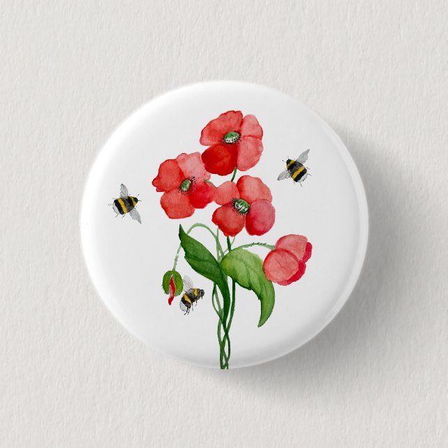 Delicate scarlet poppy flower and bumblebees button (Front)