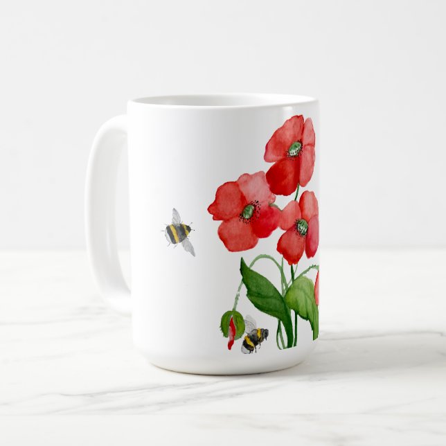 Delicate scarlet poppy flower and bumblebees coffee mug (Front Left)