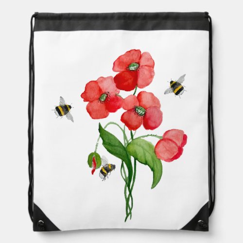 Delicate scarlet poppy flower and bumblebees drawstring bag