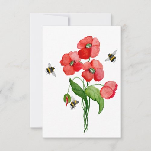 Delicate scarlet poppy flower and bumblebees thank you card