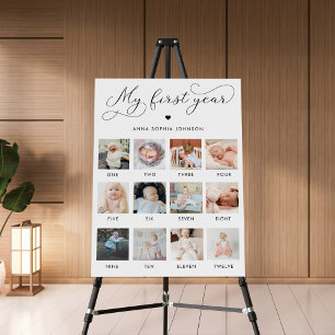 Delicate Script 1st Birthday 12 Photo Milestone Foam Board