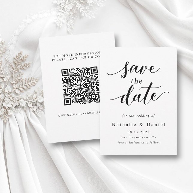 Delicate Script Black and White QR Code Wedding Save The Date (Creator Uploaded)
