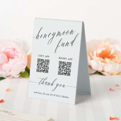 Delicate Script Honeymoon Fund QR Code Wedding Table Tent Sign