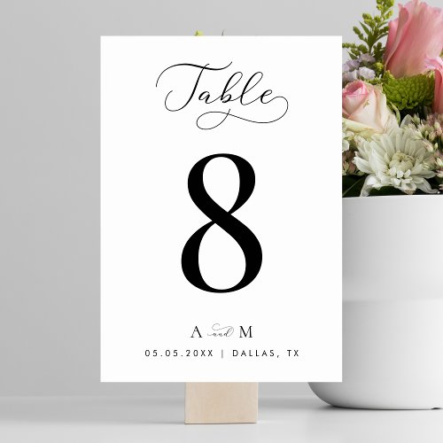 Delicate Script  Monogram Elegant White Wedding Table Number