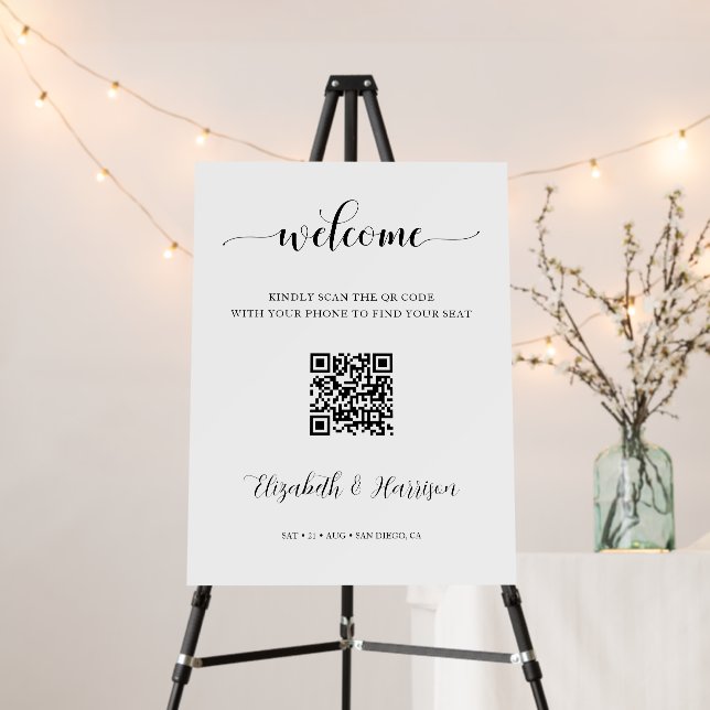 Delicate Script Welcome Seating Chart QR Code Sign (In Situ (Stand))