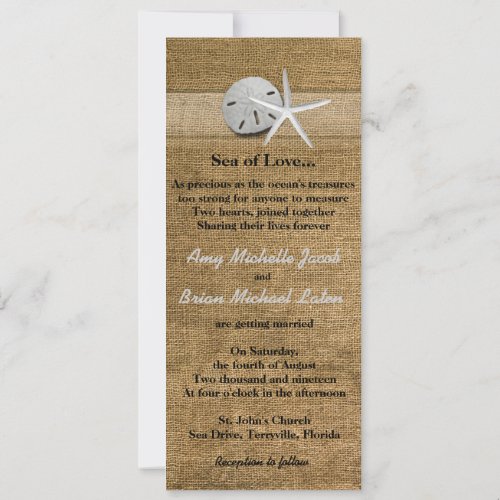 Delicate Seashells on Burlap Unique Beach Wedding Invite