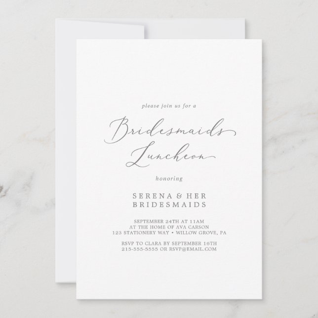 Delicate Silver Calligraphy Bridesmaids Luncheon Invitation (Front)