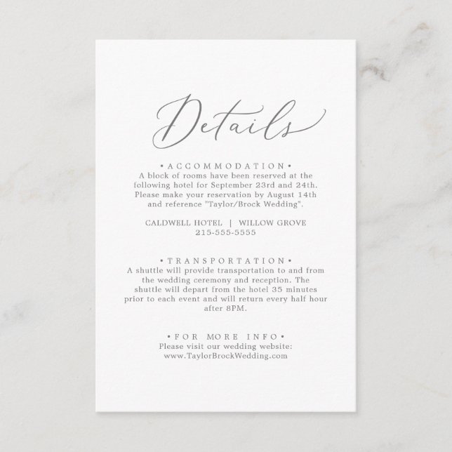Delicate Silver Calligraphy Details Enclosure Card (Front)