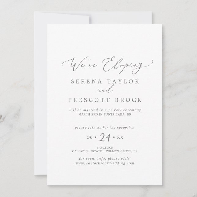 Delicate Silver Calligraphy Elopement Reception Invitation (Front)