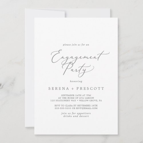 Delicate Silver Calligraphy Engagement Party Invitation