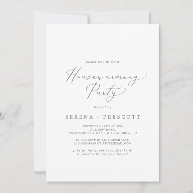 Delicate Silver Calligraphy Housewarming Party Invitation (Front)