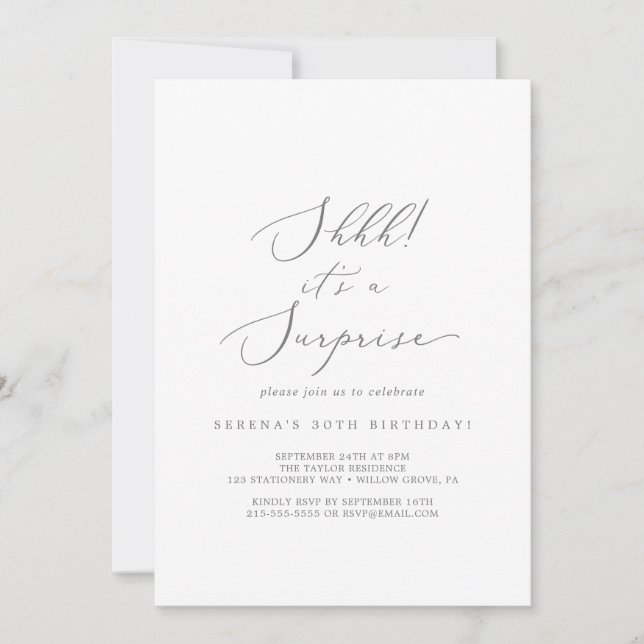 Delicate Silver Calligraphy It's A Surprise Party Invitation (Front)