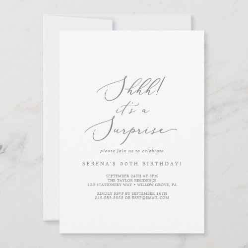 Delicate Silver Calligraphy Its A Surprise Party Invitation