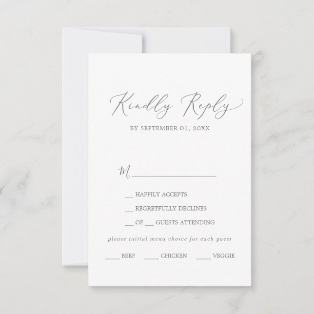 Delicate Silver Calligraphy Menu Choice RSVP Card (Front)