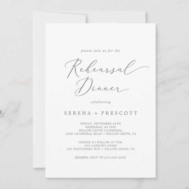 Delicate Silver Calligraphy Rehearsal Dinner Invitation (Front)