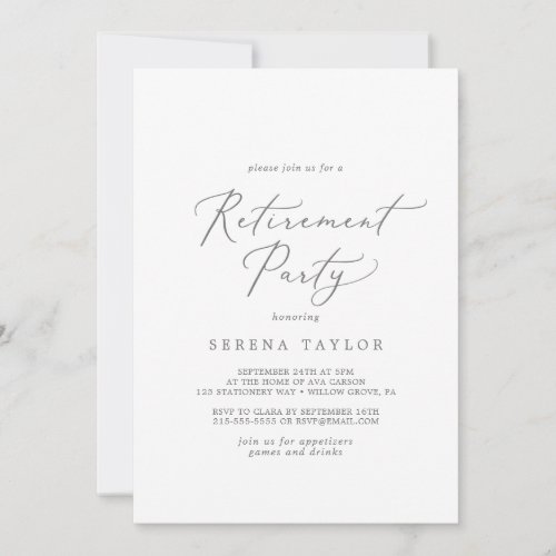 Delicate Silver Calligraphy Retirement Party Invitation